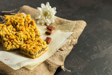 cake with Streusel, jam and crunch. top view. food background