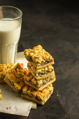 cake with Streusel, jam and crunch. top view. food background