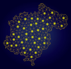 Yellow mesh vector Teruel Province map with glow effect on a dark blue gradiented background. Abstract lines, light spots and small circles form Teruel Province map constellation.