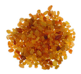 A pile of dried yellow raisins isolated on white background. Top view.