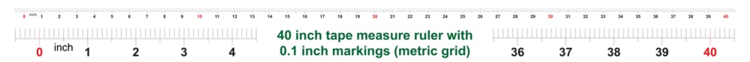 40 inch tape measure ruler with 0.1 inch markings. Metric grid.
