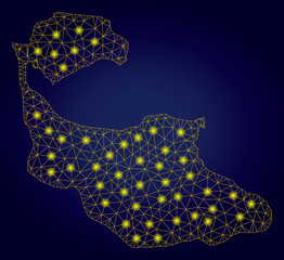 Yellow mesh vector Tiran Island map with glare effect on a dark blue gradiented background. Abstract lines, light spots and points form Tiran Island map constellation.