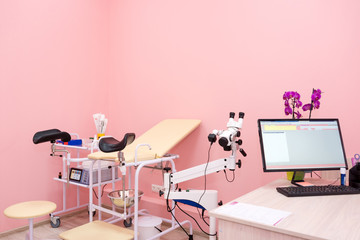 Gynecological cabinet with chair and other medical equipment in modern clinic. Equipment medicine, medical furniture, hospital, genicology, women's consultation