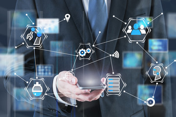 Man with smartphone, digital business interface