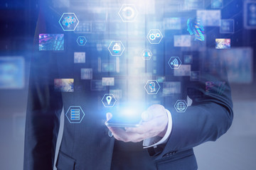Man with smartphone, digital business interface