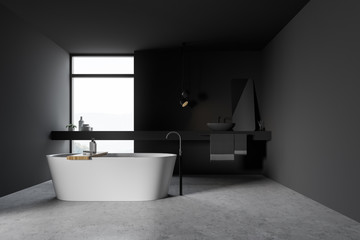 Fototapeta na wymiar Gray bathroom with window, tub and sink