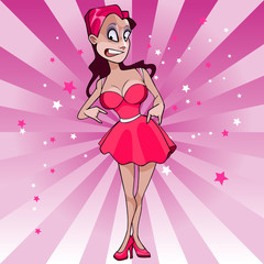 cartoon funny girl in a pink dress on a star background