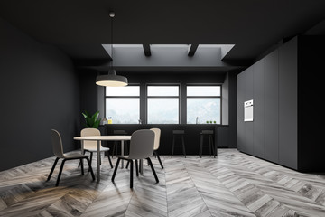 Gray kitchen interior, bar and table