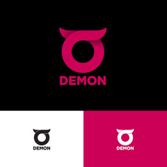 Demon Logo. Round Symbol with small horns. Business card. Monochrome option. Energy beverages logo.