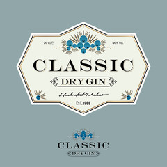 Classic gin label. Juniper berries with leaves and letters. Geometrycal label  for packaging. 