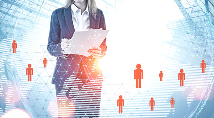 Woman with documents, social media in global world