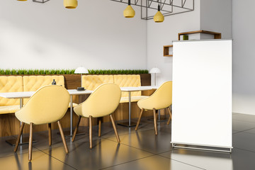 Modern restaurant with vertical banner