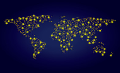 Yellow mesh vector world map with glare effect on a dark blue gradiented background. Abstract lines, light spots and circle dots form world map constellation.