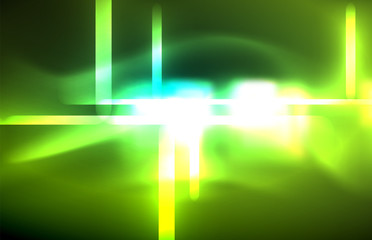 Neon square and line lights on dark background with blurred effects