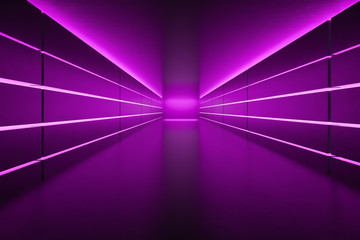 Futuristic empty corridor with purple neon lights