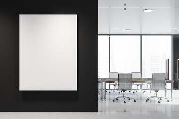 Black panoramic meeting room interior with poster