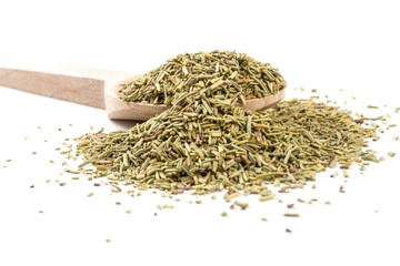 rosemary on wooden spoon on white background