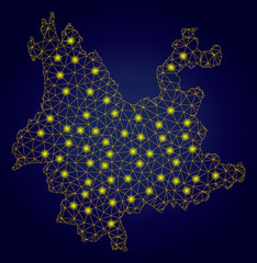 Yellow mesh vector Yunnan Province map with glitter effect on a dark blue gradiented background. Abstract lines, light spots and dots form Yunnan Province map constellation.