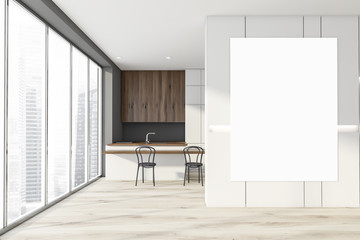 White and gray kitchen interior with poster