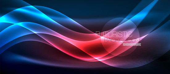 Glowing abstract wave on dark, shiny motion, magic space light. Techno abstract background