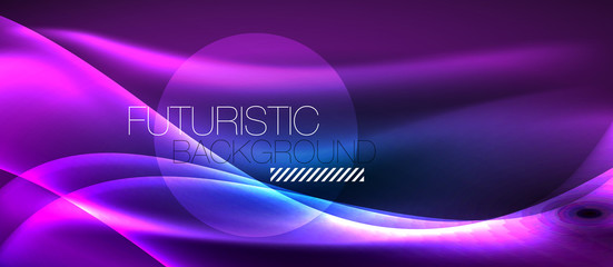 Glowing abstract wave on dark, shiny motion, magic space light. Techno abstract background