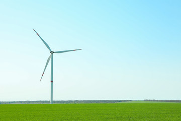 Wind turbine in a green grass field, space for text. Beautiful spring greenery