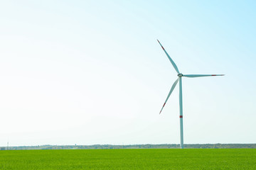 Wind turbine in a green grass field, space for text. Beautiful spring greenery