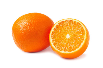 Fresh oranges, one whole and one half isolated on white background with shadow