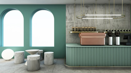 Cafe shop design Modern & Minimal Green counter,Gold metal light pendant, Wall green pastel color,Wall concrete,Furniture waiting zone concrete,Floor concrete  - 3D render
