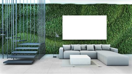 Livingroom in house style modern & loft mockup picture on green wall grey sofa on the floor concrete -3D render