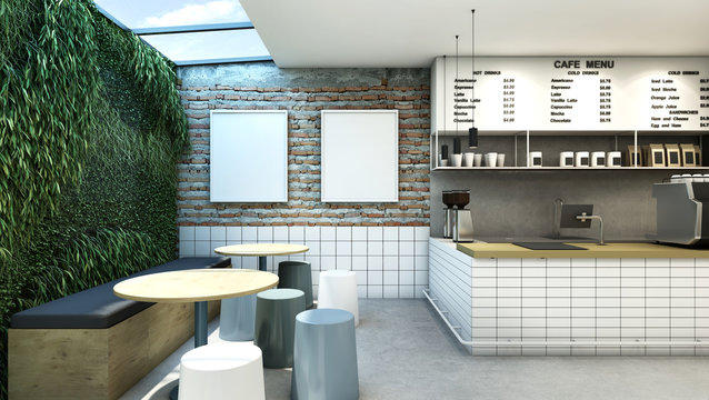 Cafe shop & Restaurant design Minimal Loft white brick counter wood top counter,green wall,concrete floors -3D render