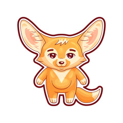 Cute fennec fox calmly stands with smile. Amusing kawaii cartoon character. Funny emotion and face expression. Isolated on white background