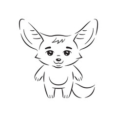 Black and white illustration of cute fennec fox who calmly stands with smile. Amusing kawaii cartoon character. Funny emotion and face expression. Isolated on white background