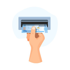 Hand insert in atm money 2000 rubles, banknote vector business illustration