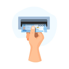 Hand  insert in atm money 2000 rubles, banknote vector business illustration