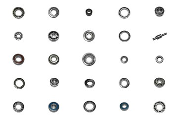 Ball bearing car isolated on white background. Collage spare parts bearings automotive.