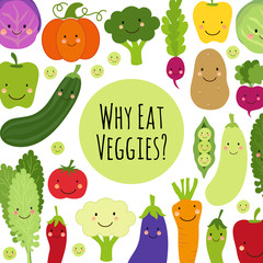 Cute Eat Veggies background with smiling cartoon characters of vegetables