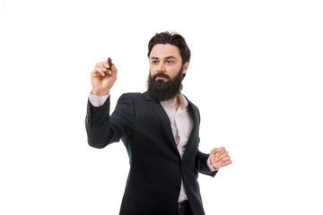 portrait of a bearded businessman writing, drawing on the screen, isolated on white background