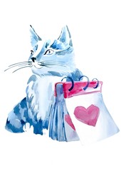 Watercolor cat isolate heart
