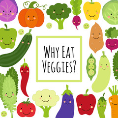 Cute Eat Veggies background with smiling cartoon characters of vegetables