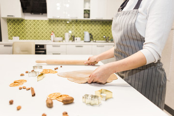 Young pretty woman prepares the dough and bakes gingerbread and cookies in the kitchen. Merry Christmas and Happy New Year.