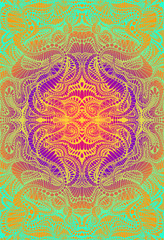 Psychedelic trippy colorful fractal mandala, gradient bright color outline, on vibrant gradient colors background. Decorative element flower pattern. Vector hand drawn shamanic background.