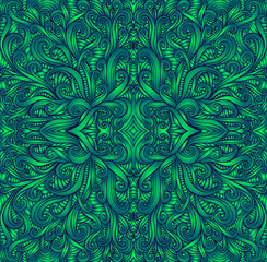 Shamanic fractal mandala texture. Ethno style. Ggradient green colors. Decorative tribal element flower pattern. Vector fantasy surreal illustration.