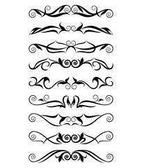 Deco borders. Black and white design of the text -  boarders, dividers.  Vector set of 9.