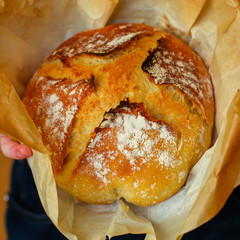 white bread round form, fresh pastries. food background. top