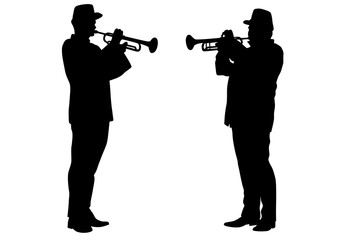 Naklejka premium Military musicians in old-time uniforms with wind instruments on a white background