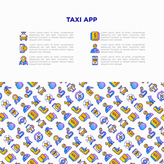 Taxi app concept with thin line icons: payment method, promocode, app settings, info, support service, pointer, route, destination, airport transfer, baby seat. Vector illustration for print media.