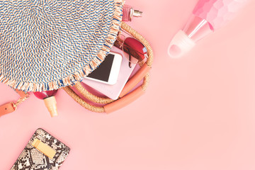 Summer trendy round woven straw bag animal print purse with sunglasses, water bottle and cell...