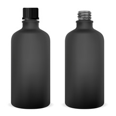 Glass Bottle. Medical Vial Template. Cosmetic Can. Black Pharmaceutical Flacon Blank, Isolated. Black Supplement Jar Illustration. Serum Packaging Concept. Pharmacy Syrup Flask.