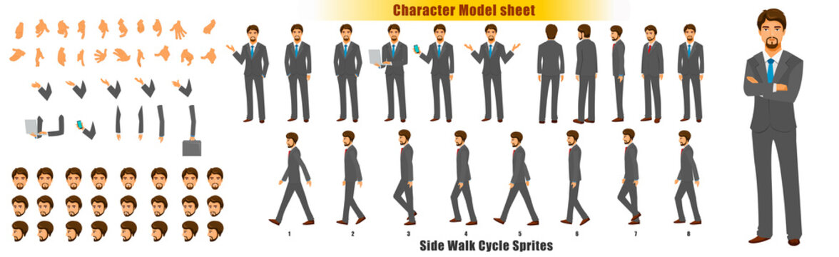 Businessman Character Model sheet with Walk cycle Animation Sequence 